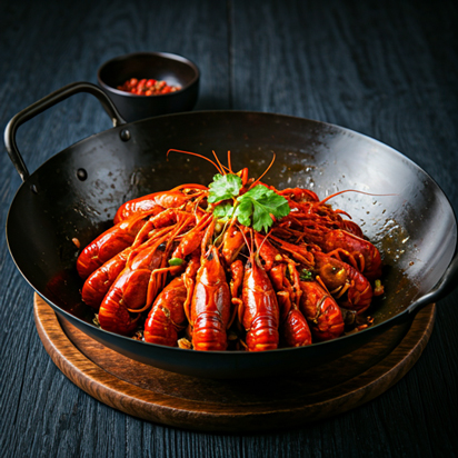 Glistening Qianjiang braised shrimps in a rich red spicy sauce with green peppers and aromatics